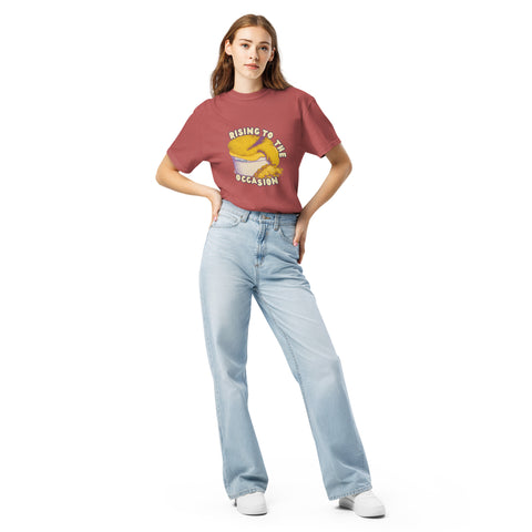 Crimson unisex garment-dyed heavyweight t-shirt with 'Rising To The Occasion Unisex Tee' design — Emotional support clothing for your imperfect glow-up.