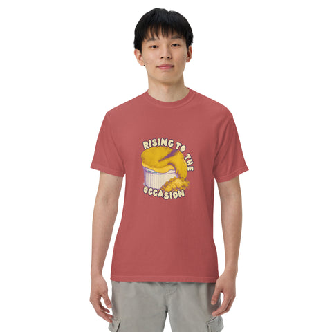 Crimson unisex garment-dyed heavyweight t-shirt with 'Rising To The Occasion Unisex Tee' design — Emotional support clothing for your imperfect glow-up.