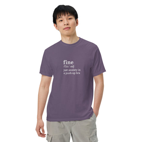 Grape unisex garment-dyed heavyweight t-shirt with 'Define Fine Unisex Tee (White Print)' design — Funny mental health shirts that say what your smile won’t.