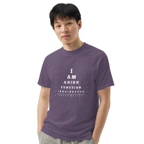 Grape unisex garment-dyed heavyweight t-shirt with 'High Functioning Disaster Unisex Tee (White Print)' design — Emotional support clothing for high-achieving hot messes.