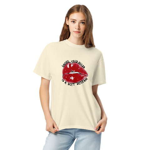 Ivory unisex garment-dyed heavyweight t-shirt with 'Under This Gloss Unisex Tee' design — Emotional support clothing that sparkles under pressure.