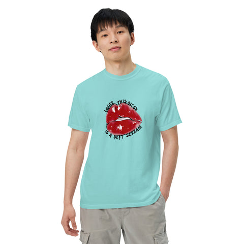 Lagoon Blue unisex garment-dyed heavyweight t-shirt with 'Under This Gloss Unisex Tee' design — Emotional support clothing that sparkles under pressure.