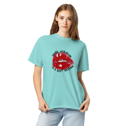 Lagoon Blue unisex garment-dyed heavyweight t-shirt with 'Under This Gloss Unisex Tee' design — Emotional support clothing that sparkles under pressure.
