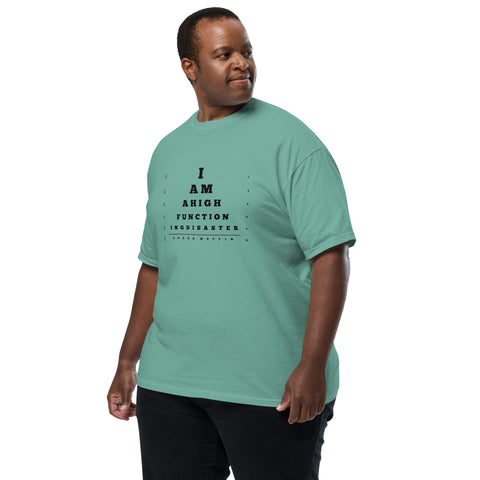 Seafoam Left unisex garment-dyed heavyweight t-shirt with 'High Functioning Disaster Unisex Tee (Black Print)' design — Emotional support clothing for high-achieving hot messes.