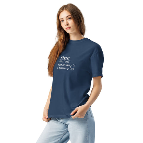 True Navy Left unisex garment-dyed heavyweight t-shirt with 'Define Fine Unisex Tee (White Print)' design — Funny mental health shirts that say what your smile won’t.