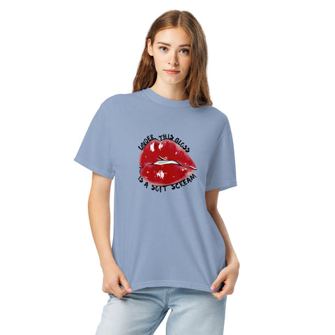 Washed Denim unisex garment-dyed heavyweight t-shirt with 'Under This Gloss Unisex Tee' design — Emotional support clothing that sparkles under pressure.