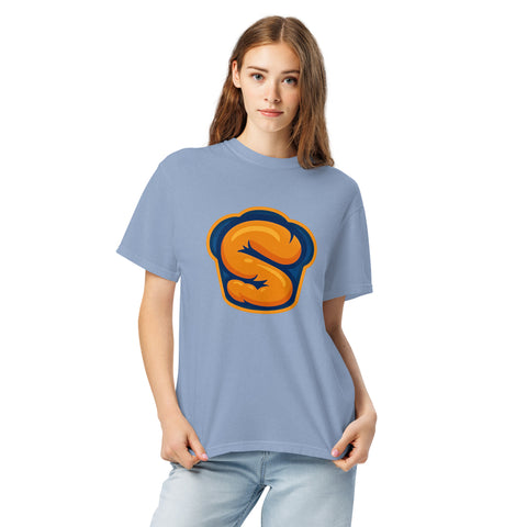 Washed Denim unisex garment-dyed heavyweight t-shirt with 'Softness Is My Superpower Unisex Tee' design — Emotional support clothing for the secretly strong.
