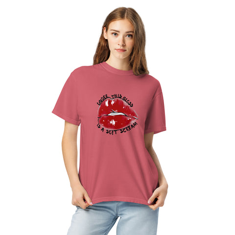 Watermelon unisex garment-dyed heavyweight t-shirt with 'Under This Gloss Unisex Tee' design — Emotional support clothing that sparkles under pressure.