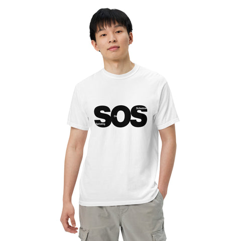 White unisex garment-dyed heavyweight t-shirt with 'SOS Unisex Tee White' design — Emotional support clothing for those who calendar their chaos.