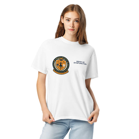 White unisex garment-dyed heavyweight t-shirt with 'School of Emotional Choreography Unisex Tee' design — Shirts that understand me—for those who choreograph the chaos and still show up shining.