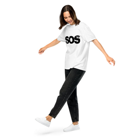 White unisex garment-dyed heavyweight t-shirt with 'SOS Unisex Tee White' design — Emotional support clothing for those who calendar their chaos.