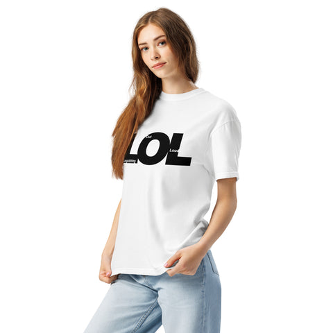 White Left unisex garment-dyed heavyweight t-shirt with 'LOL Unisex Tee White' design — Millennial humor shirts for the emotionally fried but still funny.