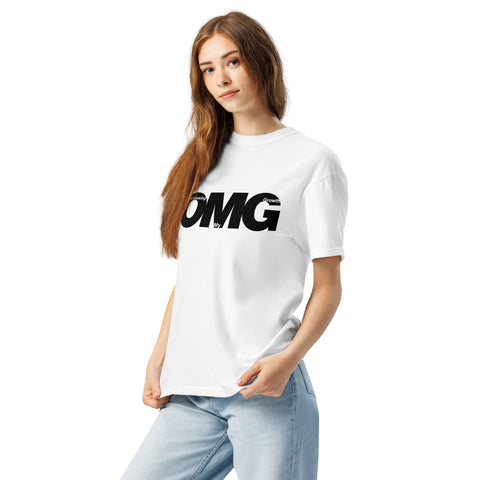 White Left unisex garment-dyed heavyweight t-shirt with 'OMG Unisex Tee White' design — Emotional support clothing for when your healing loops into a flashback—this tee gets your spiral.