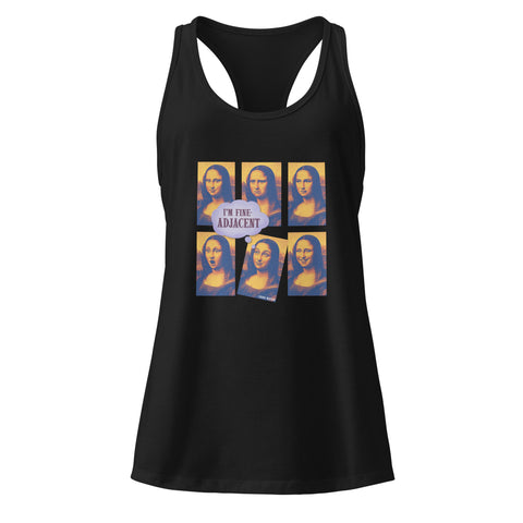 Black product with 'Im Fine-Adjacent Women‚Äö√Ñ√∂‚àö√ë‚àö¬•s Racerback Tank Top' design — for soft rebellion and everyday emotional expression.