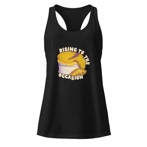 Black product with 'Rising To The Occasion Women‚Äö√Ñ√∂‚àö√ë‚àö¬•s Racerback Tank Top' design — for soft rebellion and everyday emotional expression.
