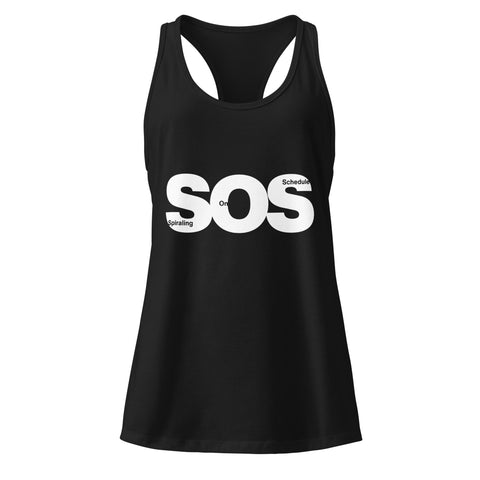 Black product with 'SOS Women‚Äö√Ñ√∂‚àö√ë‚àö¬•s Racerback Tank Top Black' design — for soft rebellion and everyday emotional expression.