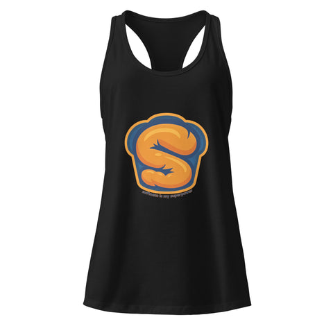 Black product with 'Softness Is My Superpower Womens Racerback Tank Top' design — Self care clothing with core strength.