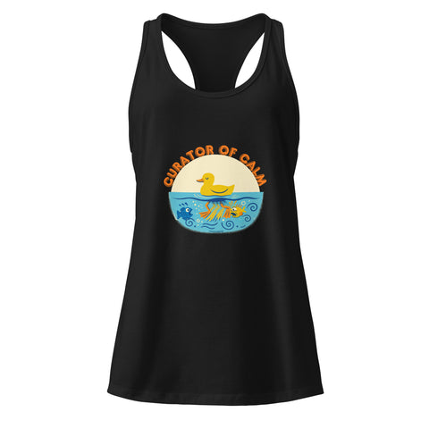 Black product with 'Curator of Calm Women‚Äö√Ñ√∂‚àö√ë‚àö¬•s Racerback Tank Top' design — for soft rebellion and everyday emotional expression.