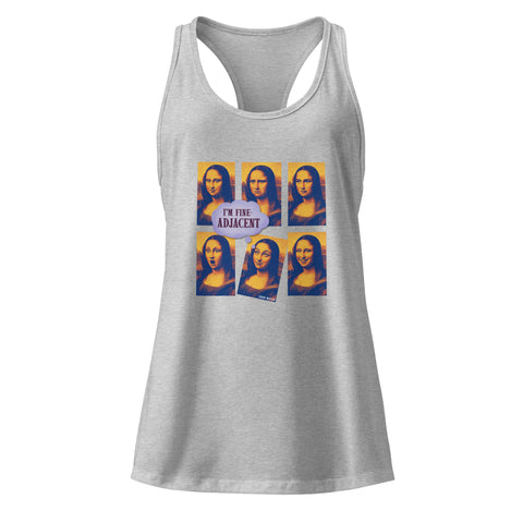 Heather-Gray product with 'Im Fine-Adjacent Women‚Äö√Ñ√∂‚àö√ë‚àö¬•s Racerback Tank Top' design — for soft rebellion and everyday emotional expression.