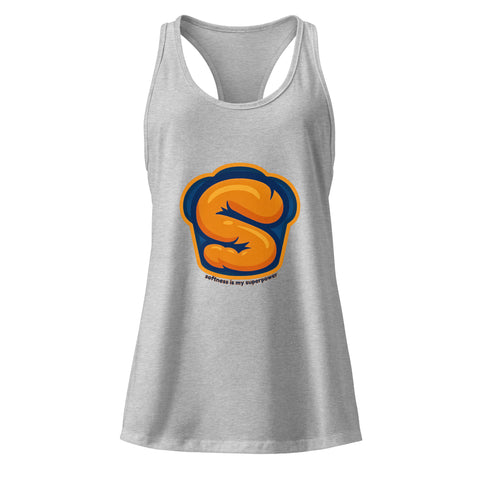 Heather-Gray product with 'Softness Is My Superpower Womens Racerback Tank Top' design — Self care clothing with core strength.