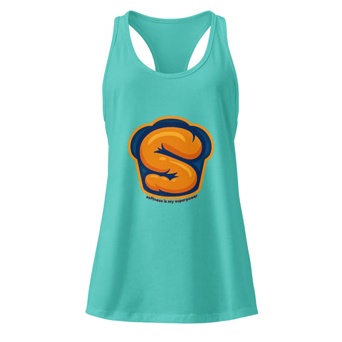 Tahiti-Blue product with 'Softness Is My Superpower Womens Racerback Tank Top' design — Self care clothing with core strength.