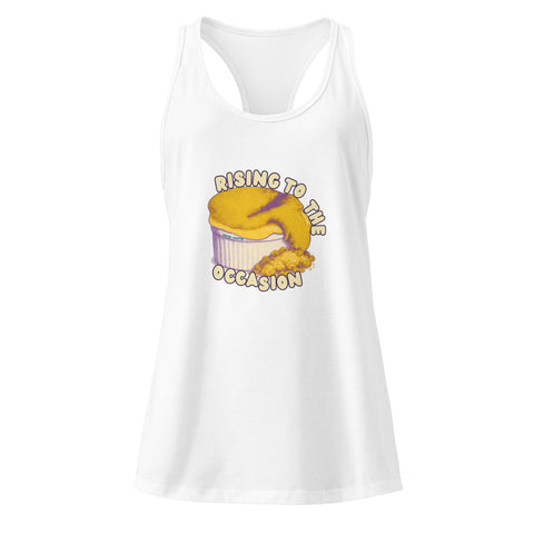 White product with 'Rising To The Occasion Women‚Äö√Ñ√∂‚àö√ë‚àö¬•s Racerback Tank Top' design — for soft rebellion and everyday emotional expression.