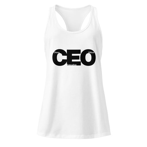 White product with 'CEO Women‚Äö√Ñ√∂‚àö√ë‚àö¬•s Racerback Tank Top White' design — for soft rebellion and everyday emotional expression.