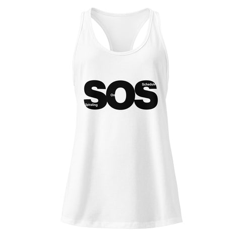 White product with 'SOS Women‚Äö√Ñ√∂‚àö√ë‚àö¬•s Racerback Tank Top White' design — for soft rebellion and everyday emotional expression.