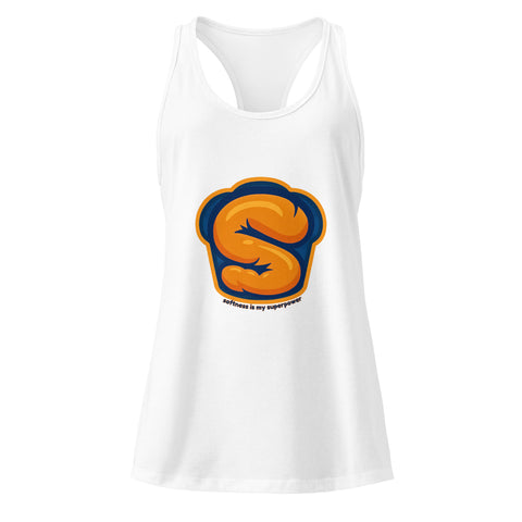 White product with 'Softness Is My Superpower Womens Racerback Tank Top' design — Self care clothing with core strength.